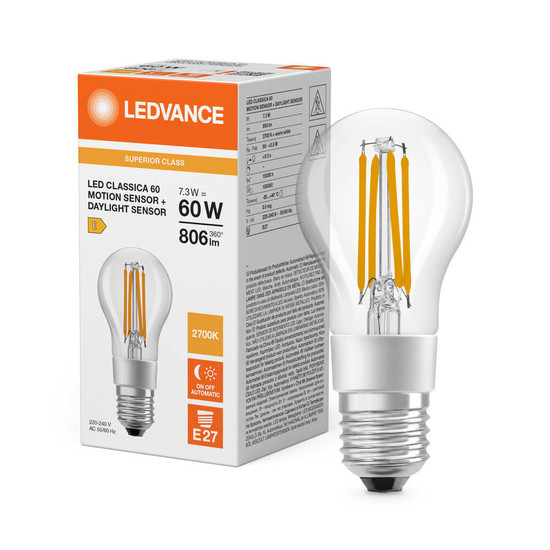 LEDVANCE LED Lampe E27 Classic Filament Motion & Daylight sensor S A60 Multiselect 7.3W 806lm Warmweiss 2700K wie 60W 4099854236792