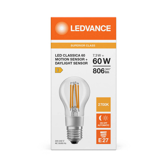 LEDVANCE LED Lampe E27 Classic Filament Motion & Daylight sensor S A60 Multiselect 7.3W 806lm Warmweiss 2700K wie 60W 4099854236792