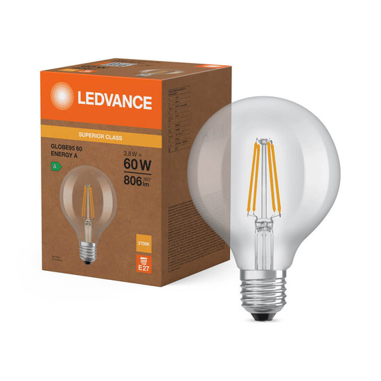 LEDVANCE LED Lampe E27 Classic Globe Filament S G95 3.8W 806lm Warmweiss 2700K wie 60W höchste Effizienzklasse A 4099854236990