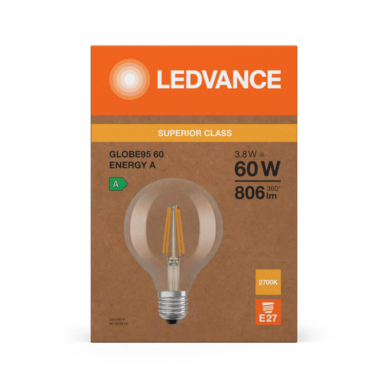 LEDVANCE LED Lampe E27 Classic Globe Filament S G95 3.8W 806lm Warmweiss 2700K wie 60W höchste Effizienzklasse A 4099854236990