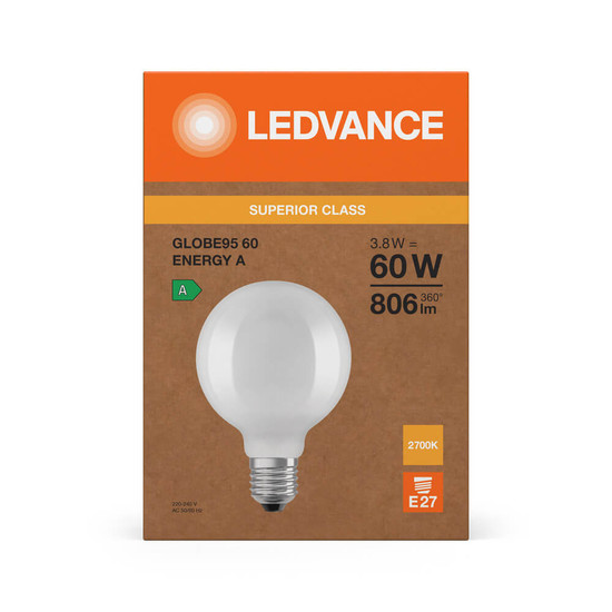LEDVANCE LED Lampe E27 Classic Globe Filament S matt G95 3.8W 806lm Warmweiss 2700K wie 60W höchste Effizienzklasse A 4099854237010