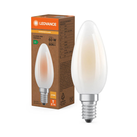LEDVANCE LED Kerze E14 Classic Filament S matt B60 3.8W 806lm Warmweiss 2700K wie 60W höchste Effizienzklasse A 4099854255328