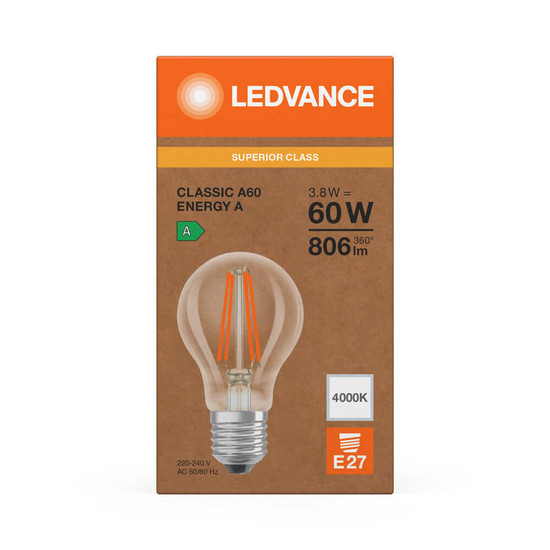 LEDVANCE LED Lampe E27 Classic Filament S A60 3.8W 806lm Neutralweiss 4000K wie 60W höchste Effizienzklasse A 4099854259586