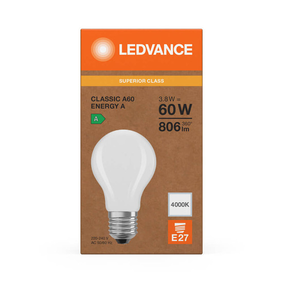 LEDVANCE LED Lampe E27 Classic Filament S matt A60 3.8W 806lm Neutralweiss 4000K wie 60W höchste Effizienzklasse A 4099854259616