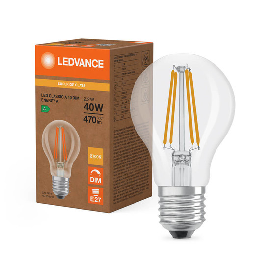 LEDVANCE LED Lampe E27 Classic Filament Dimmbar S A40 2.2W 470lm Warmweiss 2700K wie 40W höchste Effizienzklasse A 4099854265280