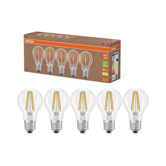 OSRAM LED Leuchtmittel LED LAMPS ENERGY CLASS A ENERGY EFFICIENCY Filament CLASSIC A 3.8W 827 Clear E27 Warm weiß 4099854297595