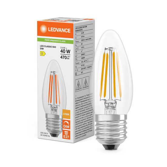 LEDVANCE LED Kerze E27 Classic Filament Dimmbar P B40 3.4W 470lm Warmweiss 2700K wie 40W 4099854439001
