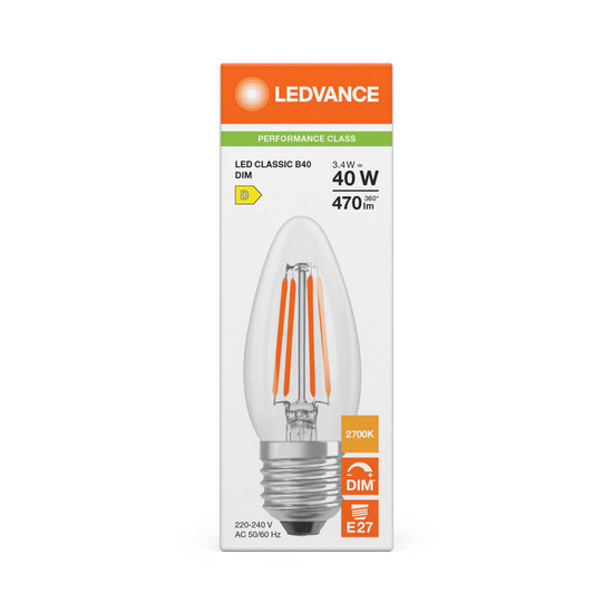 LEDVANCE LED Kerze E27 Classic Filament Dimmbar P B40 3.4W 470lm Warmweiss 2700K wie 40W 4099854439001