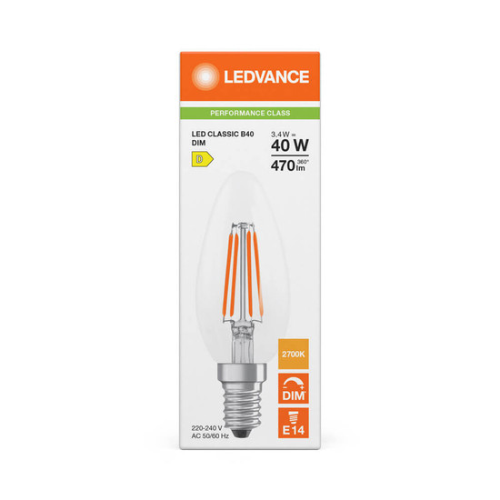 LEDVANCE LED Kerze E14 Classic Filament Dimmbar P B40 3.4W 470lm Warmweiss 2700K wie 40W 4099854439049