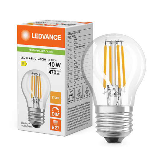 LEDVANCE LED Lampe E27 Classic Filament Dimmbar P P40 3.4W 470lm Warmweiss 2700K wie 40W 4099854439131