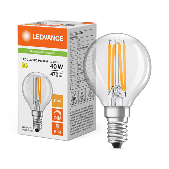 LEDVANCE LED Lampe E14 Classic Filament Dimmbar P P40 3.4W 470lm Warmweiss 2700K wie 40W 4099854439193