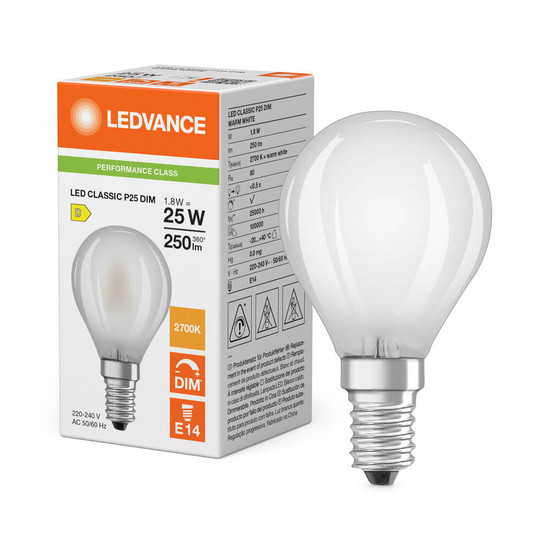 LEDVANCE LED Lampe E14 Classic Filament Dimmbar P matt P25 1.8W 250lm Warmweiss 2700K wie 25W 4099854443398