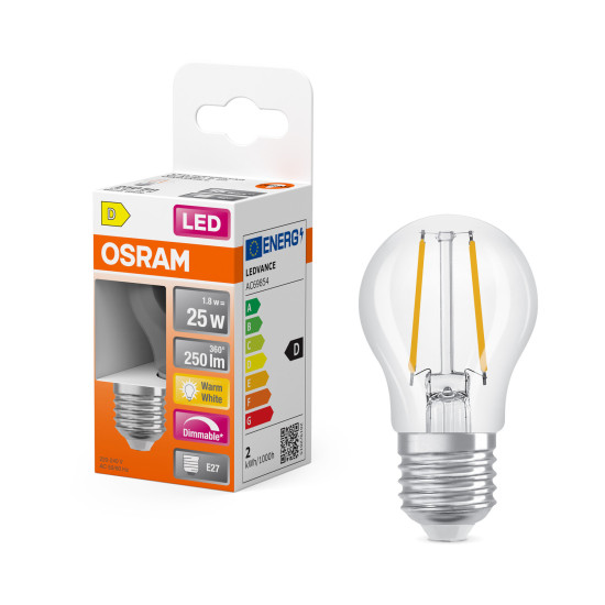 OSRAM LED Leuchtmittel LED Retrofit CLASSIC P DIM 1.8W 827 Clear E27 Dimmbar Warm weiß 4099854443886
