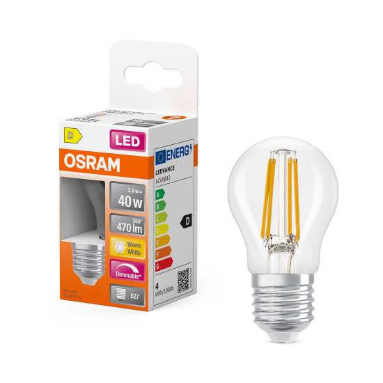 OSRAM LED Leuchtmittel LED Retrofit CLASSIC P DIM 3.4W 827 Clear E27 Dimmbar Warm weiß 4099854443947