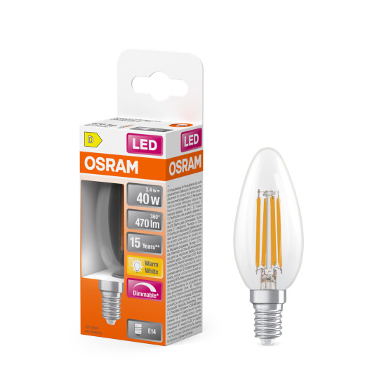 OSRAM LED Leuchtmittel LED Retrofit CLASSIC B DIM 3.4W 827 Clear E14 Dimmbar Warm weiß 4099854445712