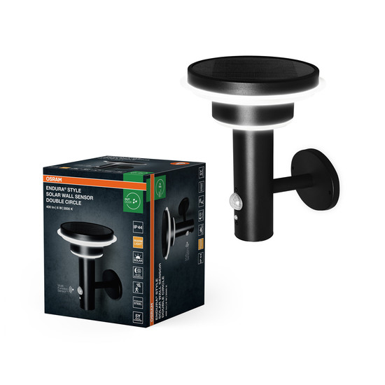 OSRAM LED Aussenleuchte ENDURA STYLE SOLAR DOUBLE CIRCLE Wall Sensor Double Circle 6W Black Dimmbar Warm weiß 4099854455506