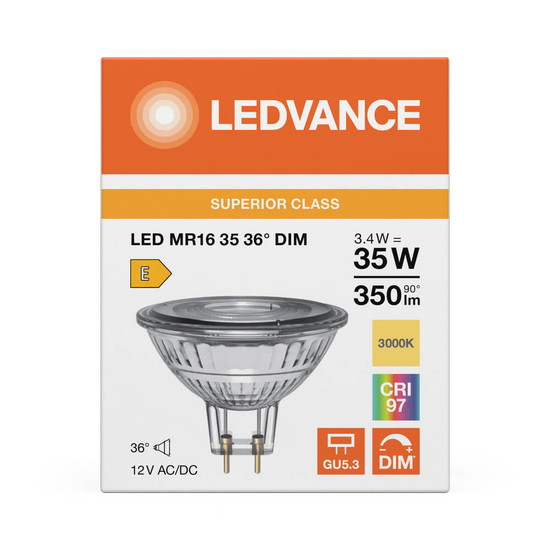 LEDVANCE LED Spot GU5.3 MR16 36° Dimmbar S 3.4W 350lm Warmweiss 3000K Ra>90 wie 35W 4099854456039