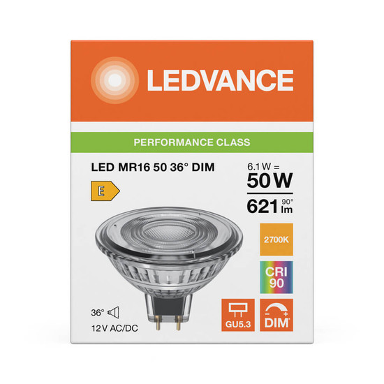 LEDVANCE LED Spot GU5.3 MR16 36° Dimmbar P 6.1W 621lm Warmweiss 2700K Ra>90 wie 50W 4099854456077