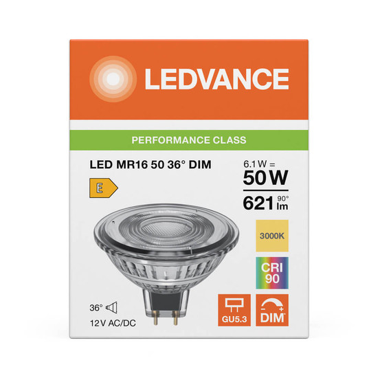 LEDVANCE LED Spot GU5.3 MR16 36° Dimmbar P 6.1W 621lm Warmweiss 3000K Ra>90 wie 50W 4099854456107
