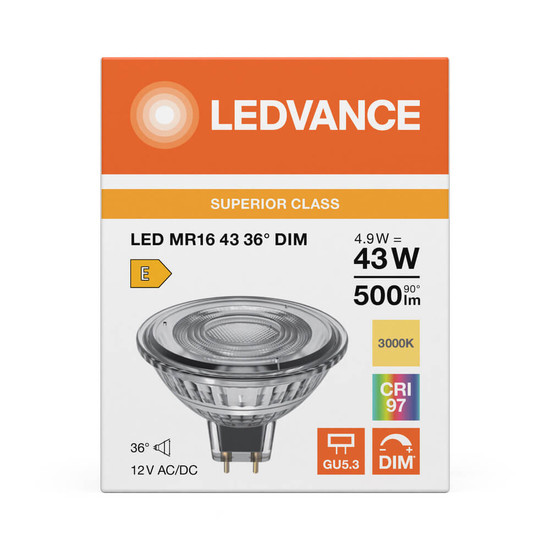 LEDVANCE LED Spot GU5.3 MR16 36° Dimmbar S 4.9W 500lm Warmweiss 3000K Ra>90 wie 43W 4099854456176