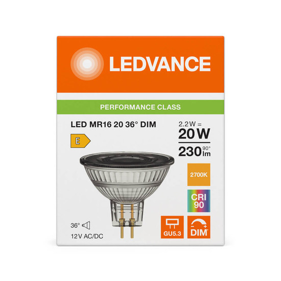 LEDVANCE LED Spot GU5.3 MR16 36° Dimmbar P 2.2W 230lm Warmweiss 2700K Ra>90 wie 20W 4099854456510