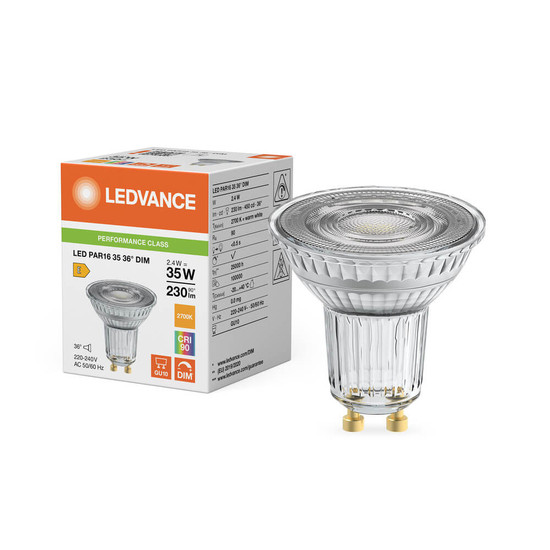 LEDVANCE LED Spot GU10 PAR16 36° Dimmbar P 2.4W 230lm Warmweiss 2700K Ra>90 wie 35W 4099854456794