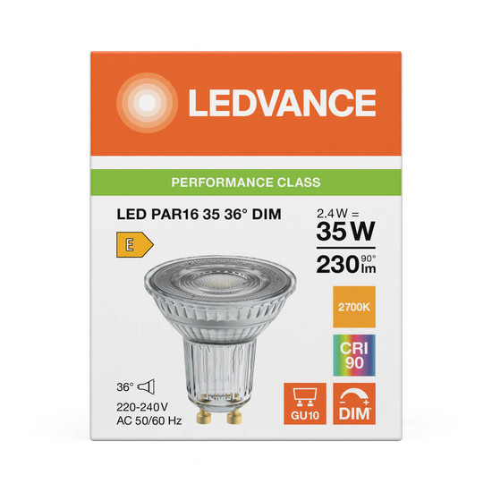LEDVANCE LED Spot GU10 PAR16 36° Dimmbar P 2.4W 230lm Warmweiss 2700K Ra>90 wie 35W 4099854456794