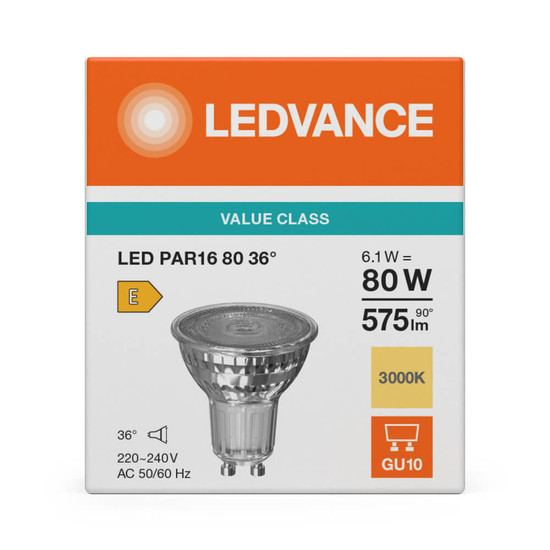 LEDVANCE LED Spot GU10 PAR16 36° P 6.1W 575lm Warmweiss 3000K wie 80W 4099854457227