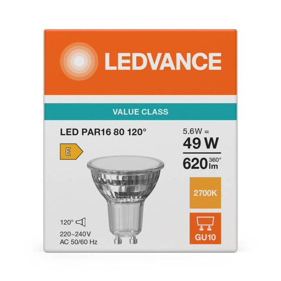 LEDVANCE LED Spot GU10 PAR16 120° P 5.6W 620lm Warmweiss 2700K wie 49W 4099854457326