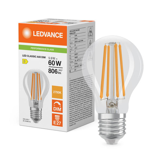 LEDVANCE LED Lampe E27 Classic Filament Dimmbar P A60 5.9W 806lm Warmweiss 2700K wie 60W 4099854463891