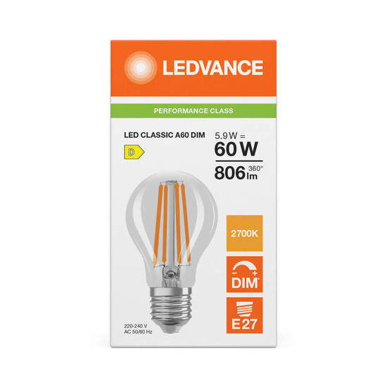 LEDVANCE LED Lampe E27 Classic Filament Dimmbar P A60 5.9W 806lm Warmweiss 2700K wie 60W 4099854463891