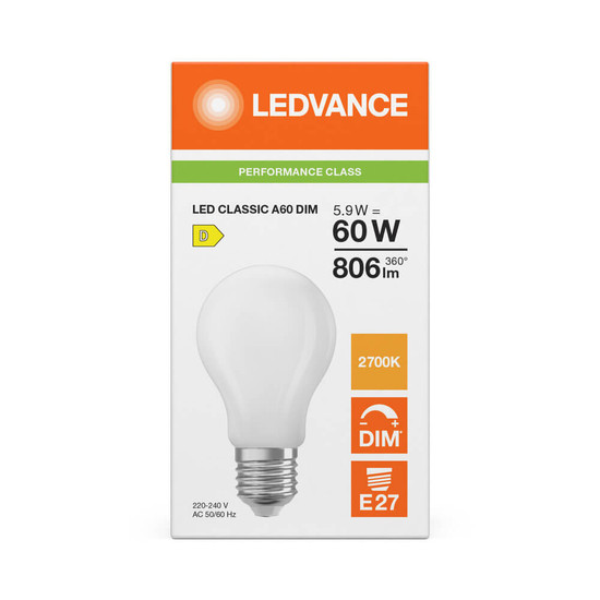 LEDVANCE LED Lampe E27 Classic Filament Dimmbar P matt A60 5.9W 806lm Warmweiss 2700K wie 60W 4099854463938