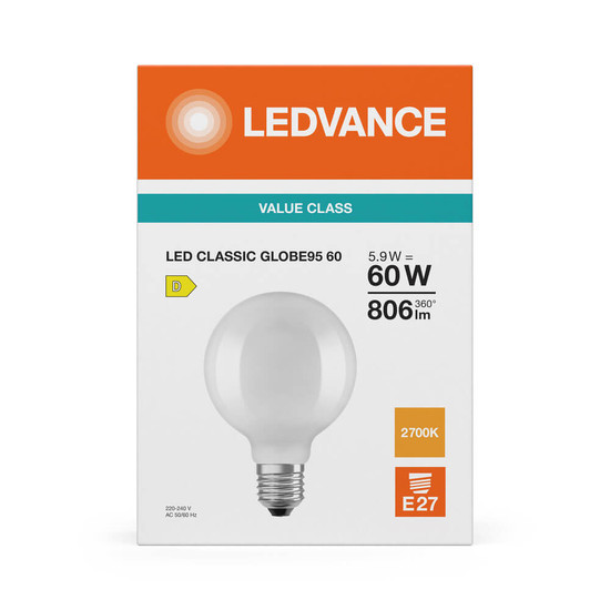 LEDVANCE LED Lampe E27 Classic Globe Filament P matt G95 5.9W 806lm Warmweiss 2700K wie 60W 4099854465598