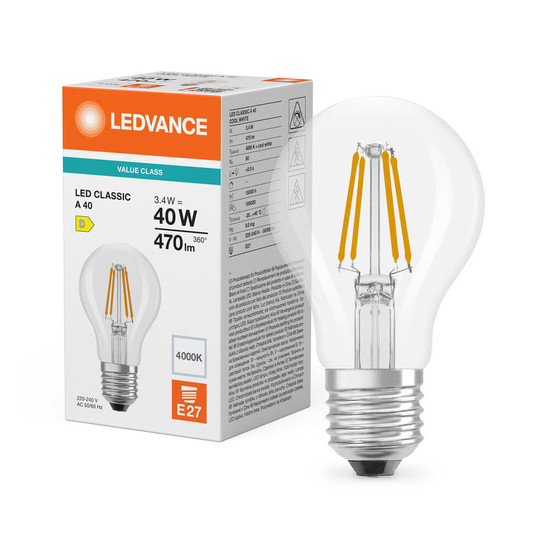 LEDVANCE LED Lampe E27 Classic Filament P A40 3.4W 470lm Neutralweiss 4000K wie 40W 4099854465635