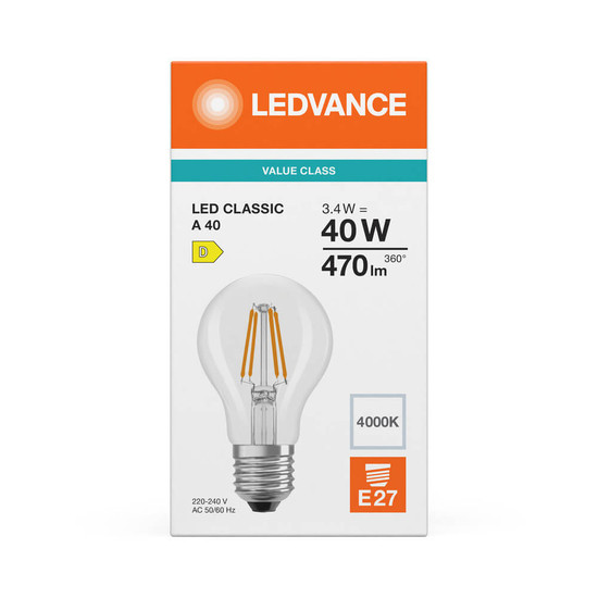 LEDVANCE LED Lampe E27 Classic Filament P A40 3.4W 470lm Neutralweiss 4000K wie 40W 4099854465635