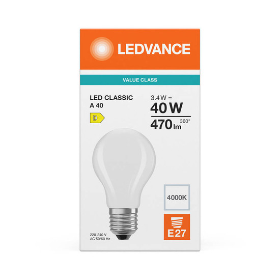 LEDVANCE LED Lampe E27 Classic Filament P matt A40 3.4W 470lm Neutralweiss 4000K wie 40W 4099854465871