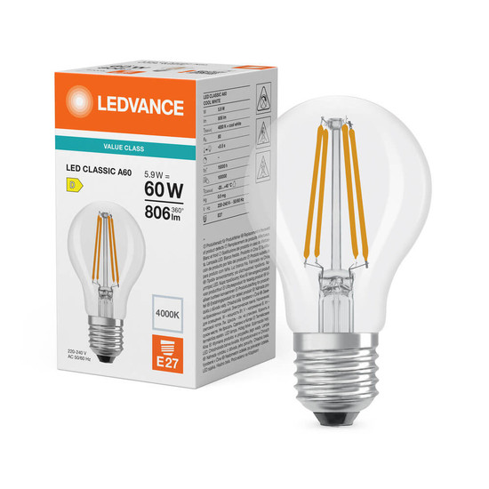 LEDVANCE LED Lampe E27 Classic Filament P A60 5.9W 806lm Neutralweiss 4000K wie 60W 4099854465994