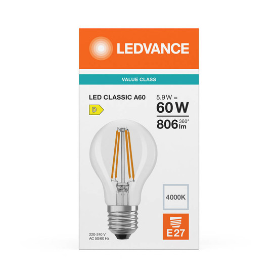 LEDVANCE LED Lampe E27 Classic Filament P A60 5.9W 806lm Neutralweiss 4000K wie 60W 4099854465994