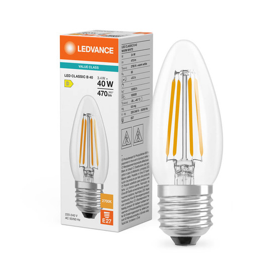 LEDVANCE LED Kerze E27 Classic Filament P B40 3.4W 470lm Warmweiss 2700K wie 40W 4099854466359