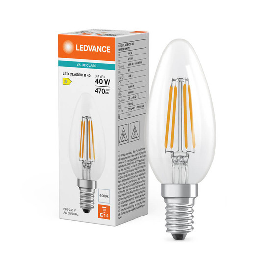 LEDVANCE LED Kerze E14 Classic Filament P B40 3.4W 470lm Neutralweiss 4000K wie 40W 4099854466403