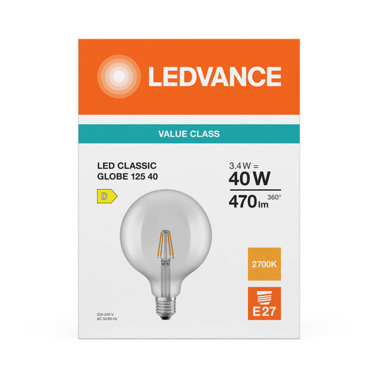 LEDVANCE LED Lampe E27 Classic Globe Filament P G125 3.4W 470lm Warmweiss 2700K wie 40W 4099854467660