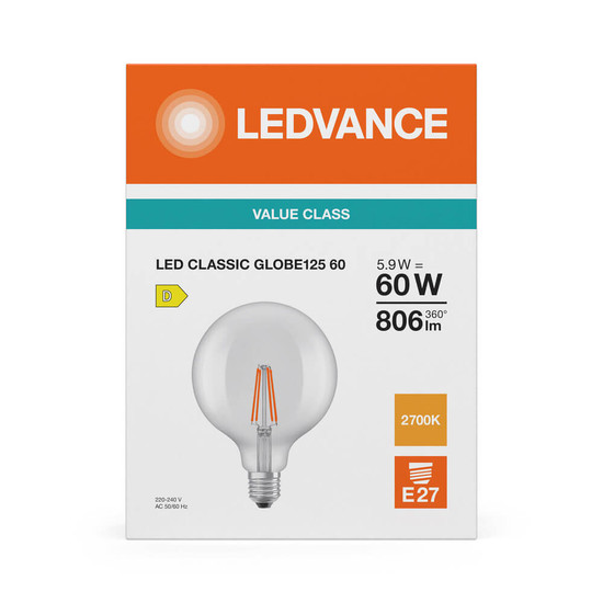 LEDVANCE LED Lampe E27 Classic Globe Filament P G125 5.9W 806lm Warmweiss 2700K wie 60W 4099854467752