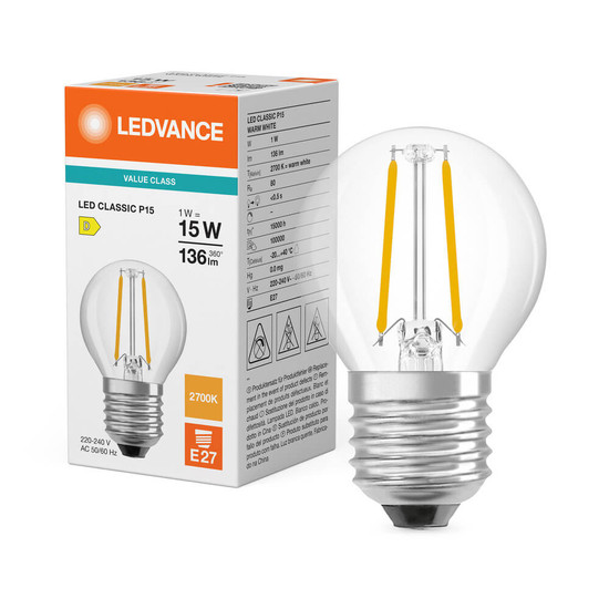 LEDVANCE LED Lampe E27 Classic Filament P P15 1W 136lm Warmweiss 2700K wie 15W 4099854467837