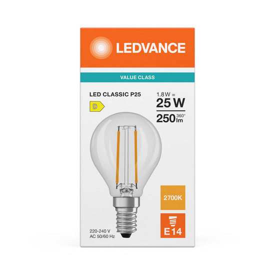 LEDVANCE LED Lampe E14 Classic Filament P P25 1.8W 250lm Warmweiss 2700K wie 25W 4099854468117