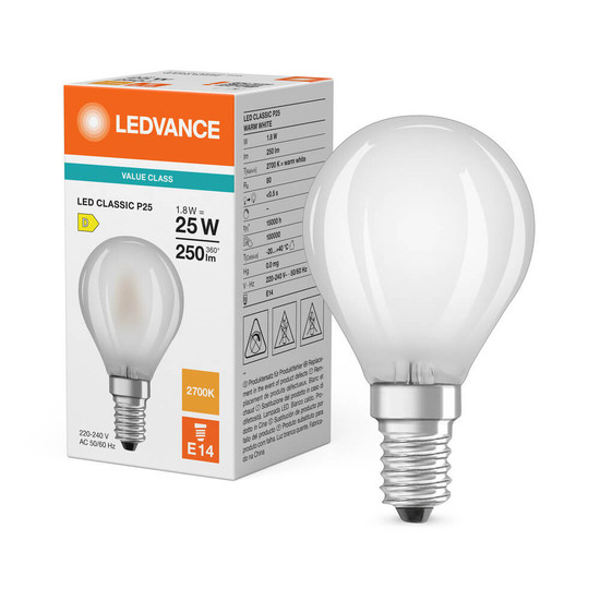 LEDVANCE LED Lampe E14 Classic Filament P matt P25 1.8W 250lm Warmweiss 2700K wie 25W 4099854468216