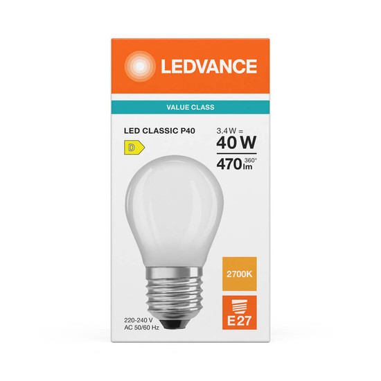 LEDVANCE LED Lampe E27 Classic Filament P matt P40 3.4W 470lm Warmweiss 2700K wie 40W 4099854468254