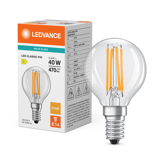 LEDVANCE LED Lampe E14 Classic Filament P P40 3.4W 470lm Warmweiss 2700K wie 40W 4099854468414
