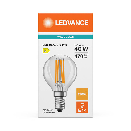 LEDVANCE LED Lampe E14 Classic Filament P P40 3.4W 470lm Warmweiss 2700K wie 40W 4099854468414