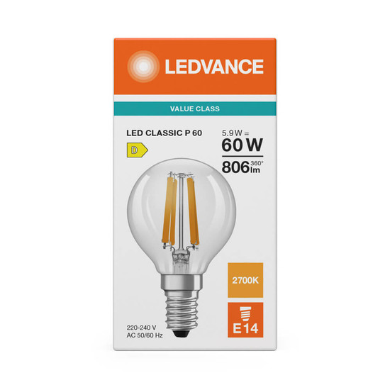 LEDVANCE LED Lampe E14 Classic Filament P P60 5.9W 806lm Warmweiss 2700K wie 60W 4099854468513