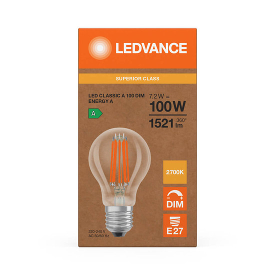 LEDVANCE LED Lampe E27 Classic Filament Dimmbar S A100 7.2W 1521lm Warmweiss 2700K wie 100W höchste Effizienzklasse A 4099854476723